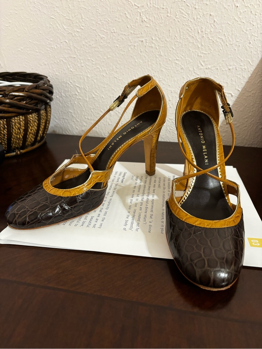ANTONIO MELANI Brown & Mustard Croc-Embossed Strappy Heels - Picture 4 of 6